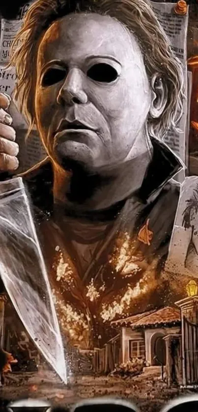 Michael Myers holding a knife in Halloween art.