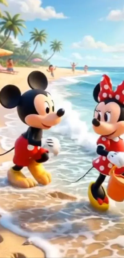 Mickey and Minnie enjoying a sunny beach day.