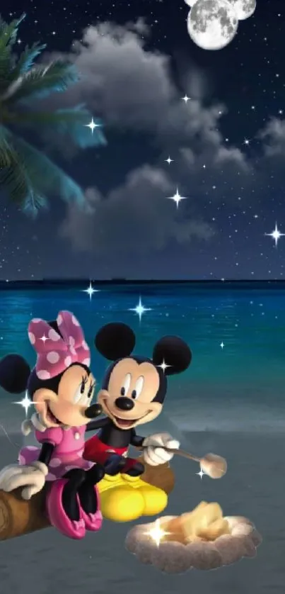 Mickey and Minnie enjoy a campfire on a beach under a starry night.