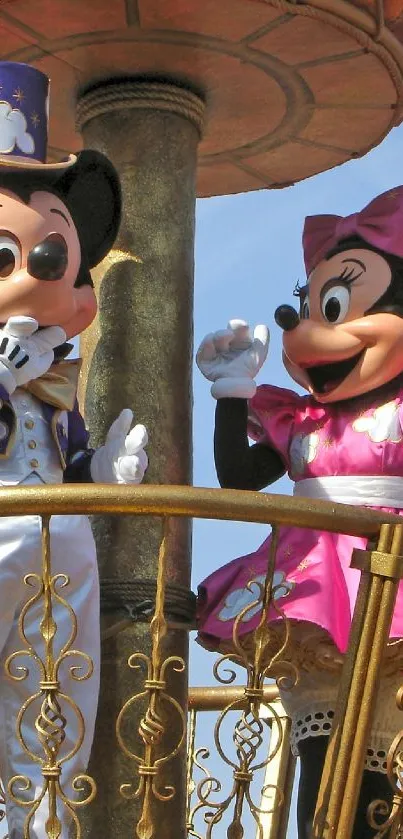 Mickey and Minnie in colorful festive outfits on parade.