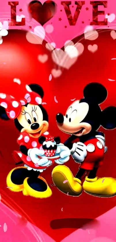 Mickey and Minnie in love-themed red wallpaper.