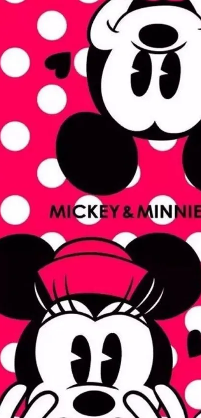 Mickey and Minnie on pink polka dot background