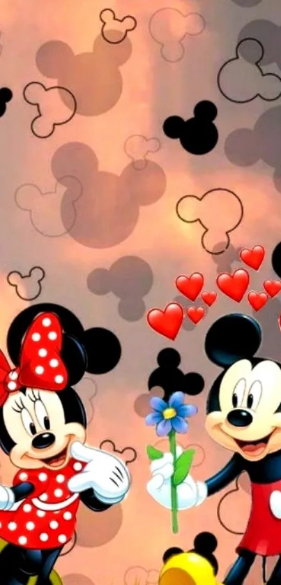 Mickey and Minnie Mouse with hearts on a dreamy background.