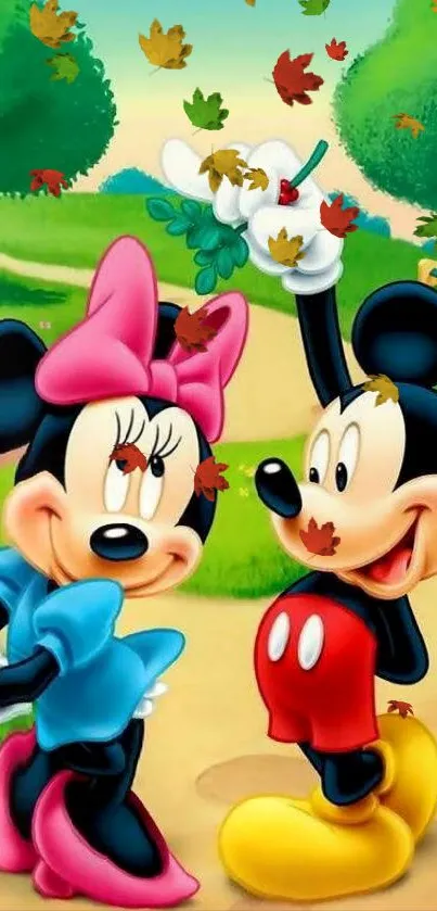 Mickey and Minnie Mouse in a colorful, cartoon wallpaper with bright greens.