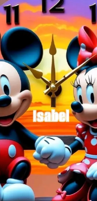 Mickey and Minnie Mouse with a clock background.