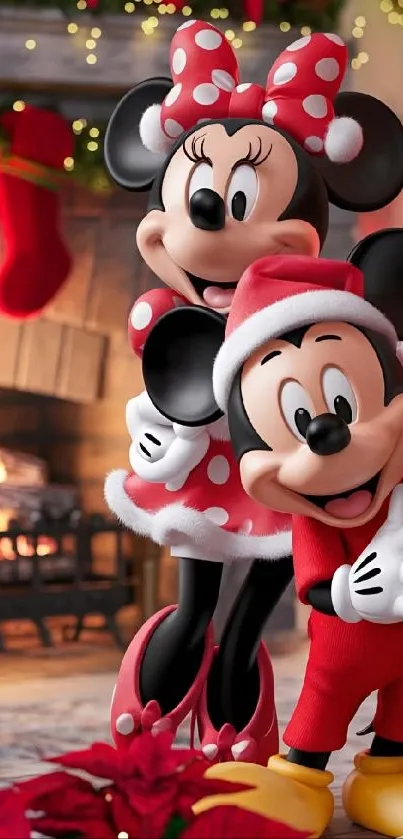 Mickey and Minnie Mouse in Christmas outfits by a cozy fireplace.