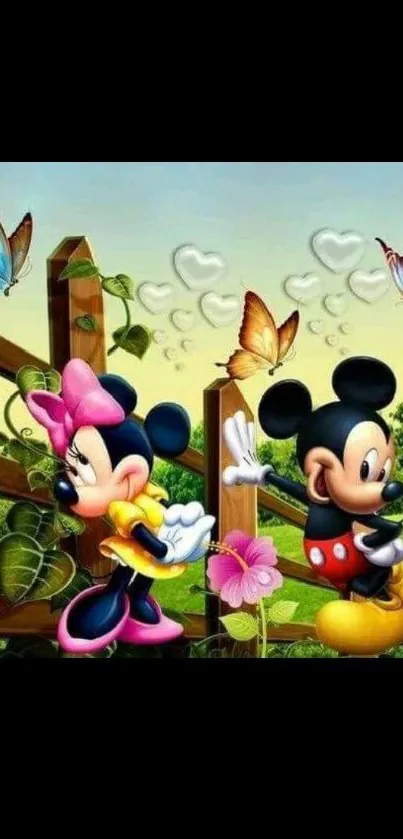 Mickey and Minnie in a garden with colorful butterflies.