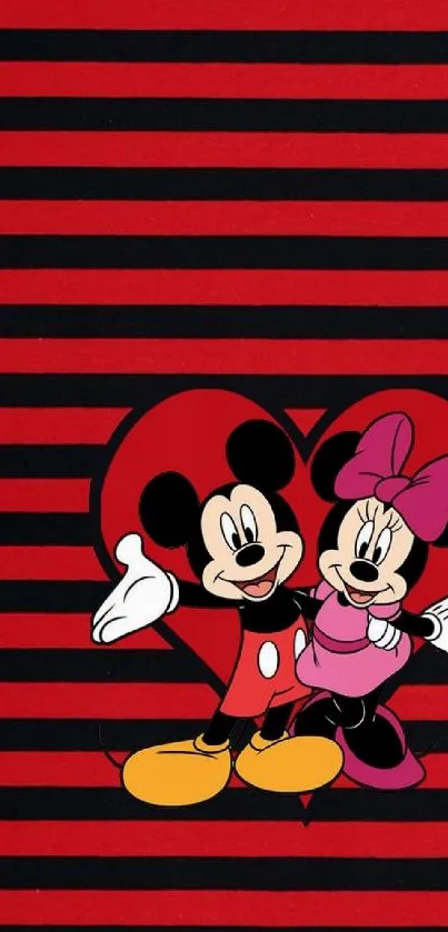 Mickey and Minnie Mouse with heart on a striped red and black background.