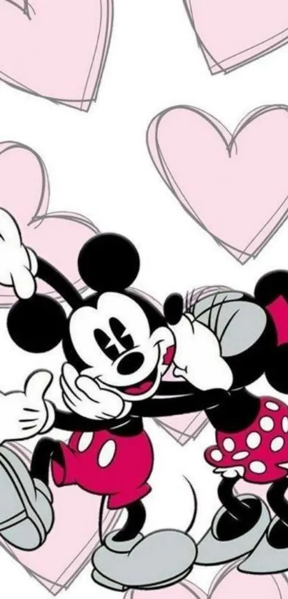 Mickey and Minnie with pink hearts wallpaper.