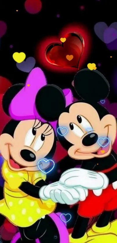 Mickey and Minnie couple with vibrant hearts wallpaper.