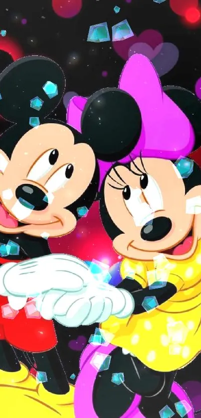 Mickey and Minnie Mouse in a romantic pose with hearts.