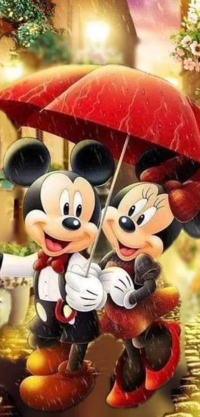 Mickey and Minnie Mouse under a red umbrella in a charming street setting.