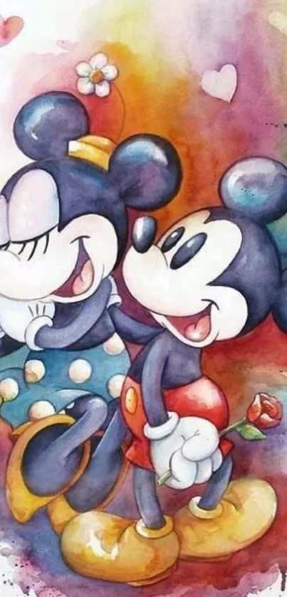 Mickey and Minnie vibrant watercolor artwork with hearts.