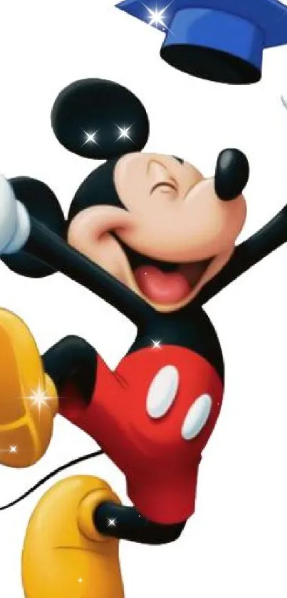 Mickey Mouse leaping joyfully with graduation cap.