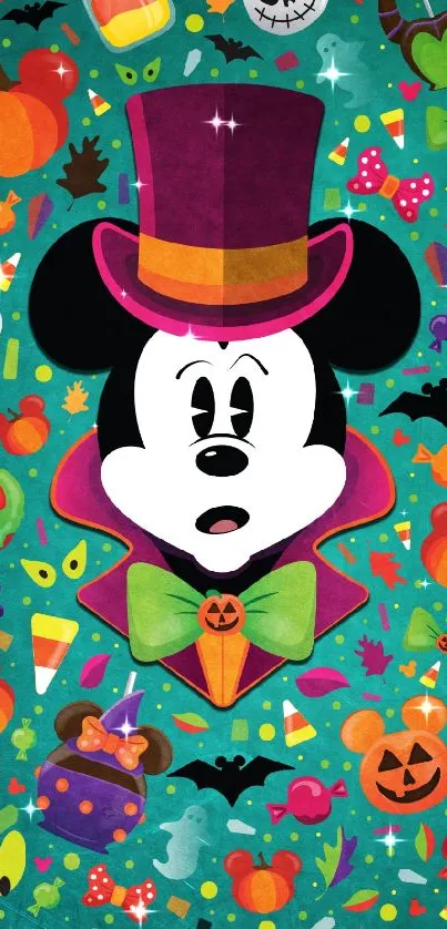 Mickey Mouse in Halloween attire on a vibrant, festive wallpaper.