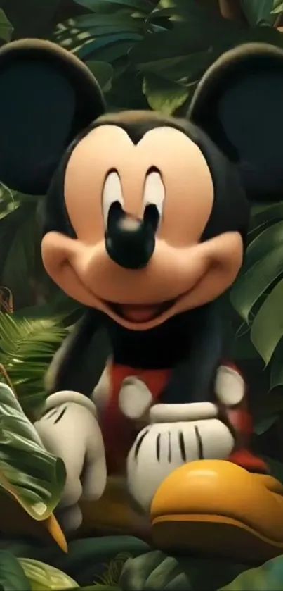 Mickey Mouse in a jungle-themed wallpaper