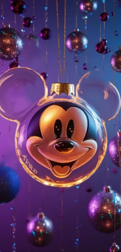 Mickey Mouse glass ornament with festive flair and vibrant purple background.