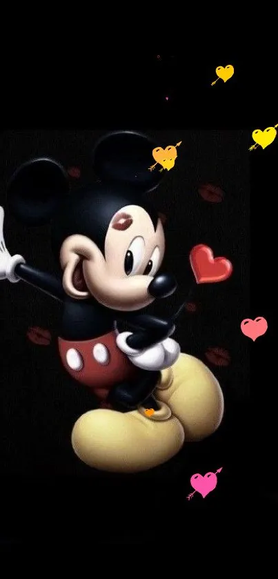 Cute Mickey Mouse with heart design on black mobile wallpaper.