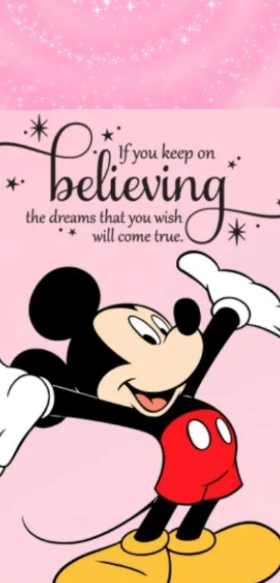 Mickey Mouse with quote on pink background.