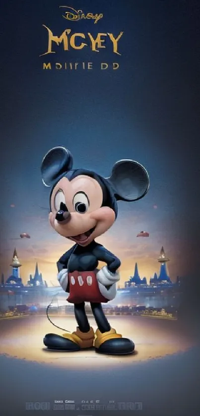 Mickey Mouse standing in front of a magical cityscape on a blue background.