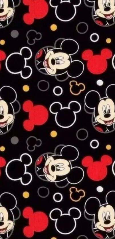 Mickey Mouse pattern on black wallpaper.