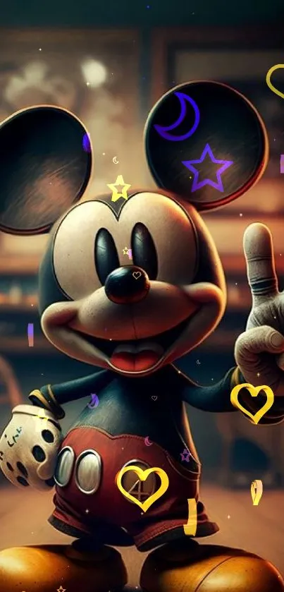 Retro Mickey Mouse giving peace sign.