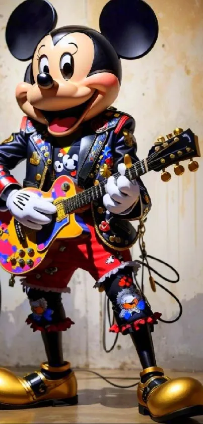 Mickey Mouse dressed as a rockstar, playing a guitar.