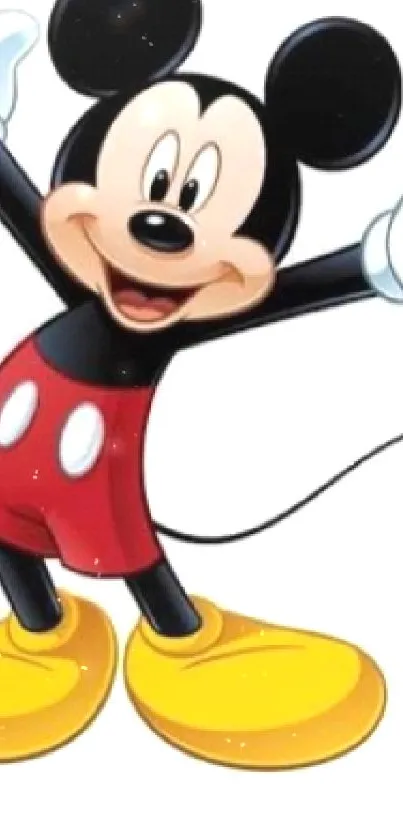 Mickey Mouse smiling with red shorts and yellow shoes.