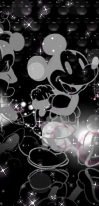 Mickey Mouse sparkle wallpaper with black background and stars.