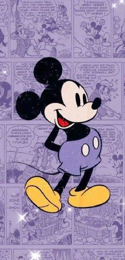 Vintage Mickey Mouse wallpaper with a purple comic strip background.