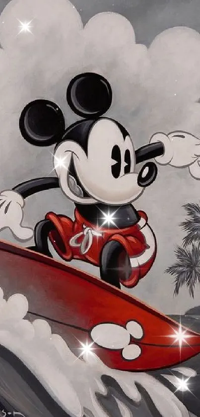 Mickey Mouse surfing on a wave in vintage style with palm trees in the background.