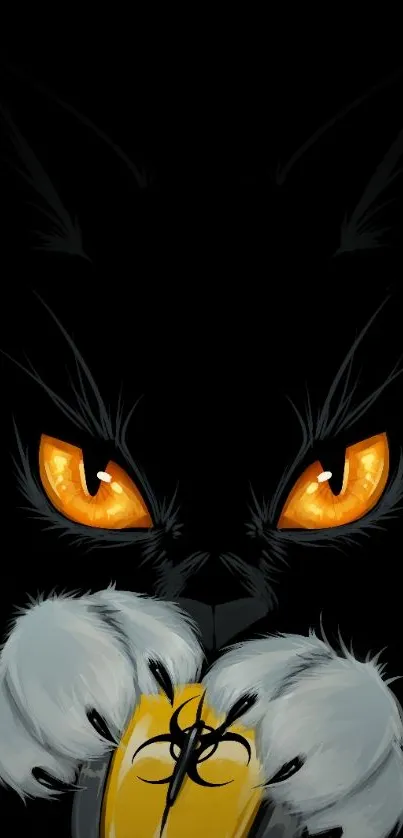 Black cat with orange eyes and a yellow mouse, captivating wallpaper design.