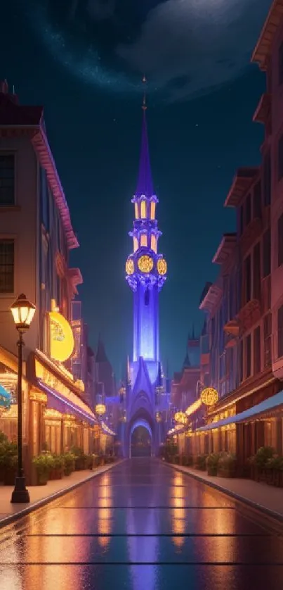 Elegant city street with illuminated tower and starry sky at midnight.