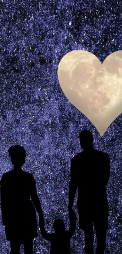 Silhouetted family with heart moon in starry night sky wallpaper.