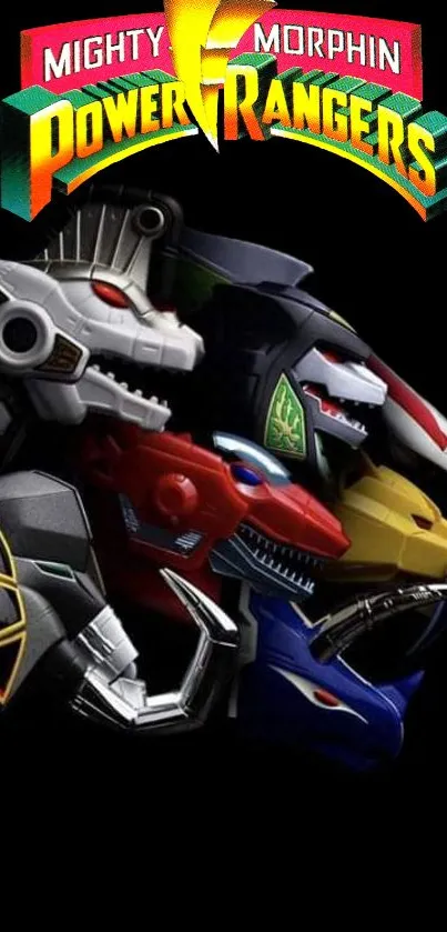 Mighty Morphin Power Rangers wallpaper with colorful dinosaur robot heads.