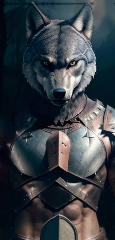 Wolf warrior in armor with forest backdrop, dark and mystical design.