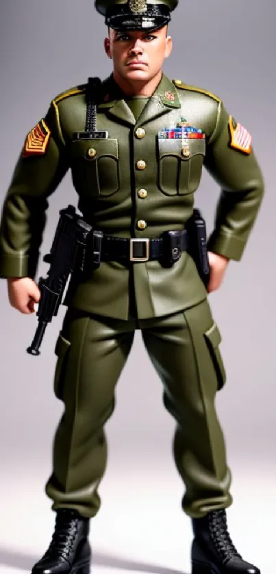 Olive green military action figure in uniform standing.