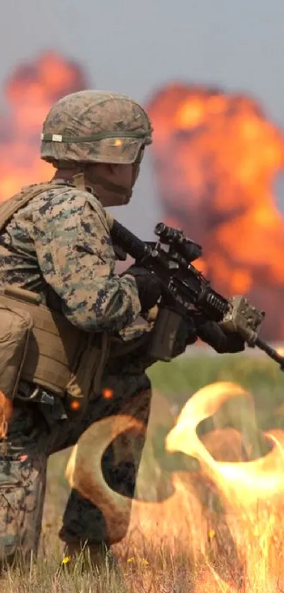 Soldier kneeling on grassy field with fiery explosion background.