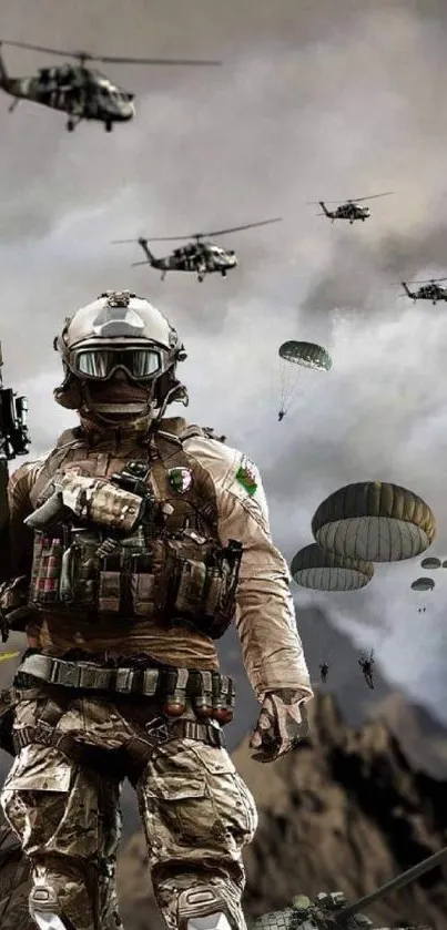 Soldier with helicopters and parachutes in action pack scene.