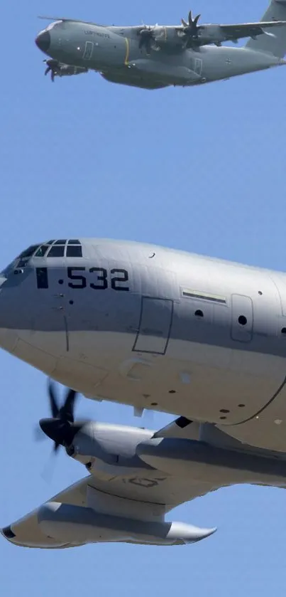 Military aircraft flying against clear blue sky wallpaper.