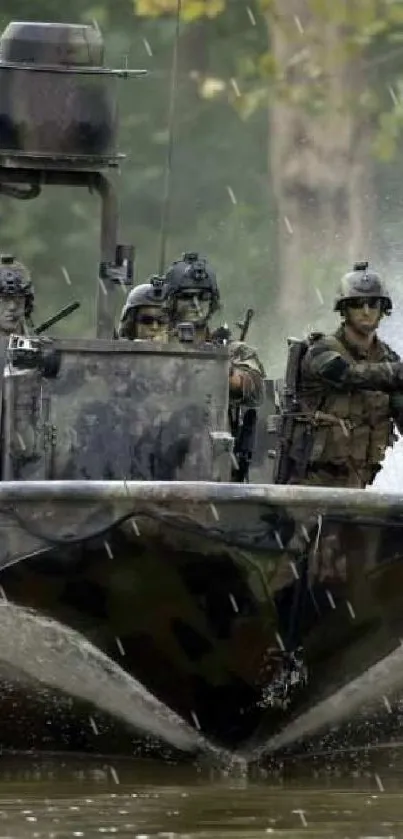 Military boat with soldiers speeding through water amidst green backdrop.