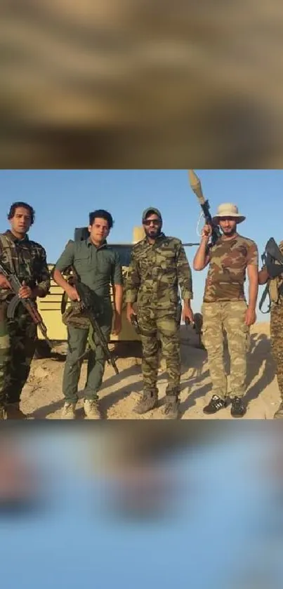 Group of soldiers in camouflage standing outdoors under a blue sky.