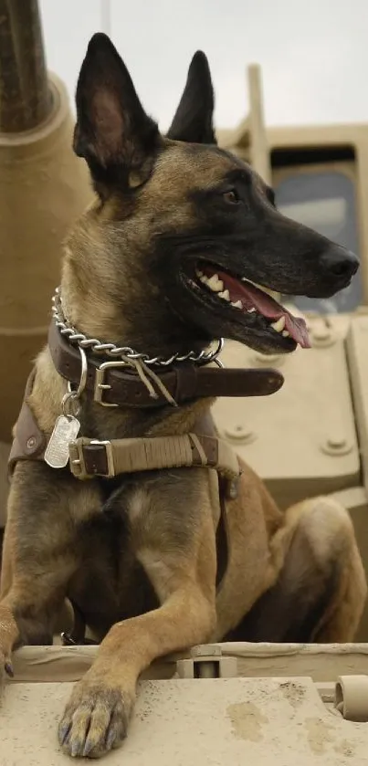 Military dog sitting atop beige armored vehicle, exuding strength.