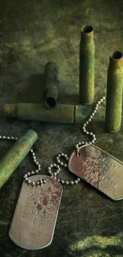 Olive green military dog tags and bullets on a dark surface.