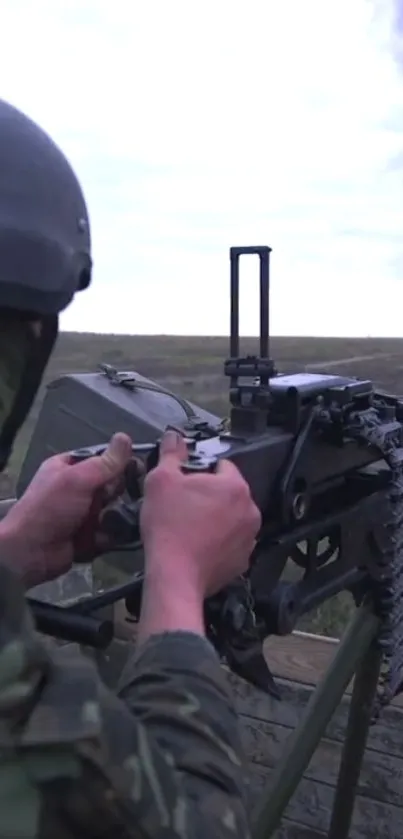 Military gunner in operation with gear on battlefield with smoke.