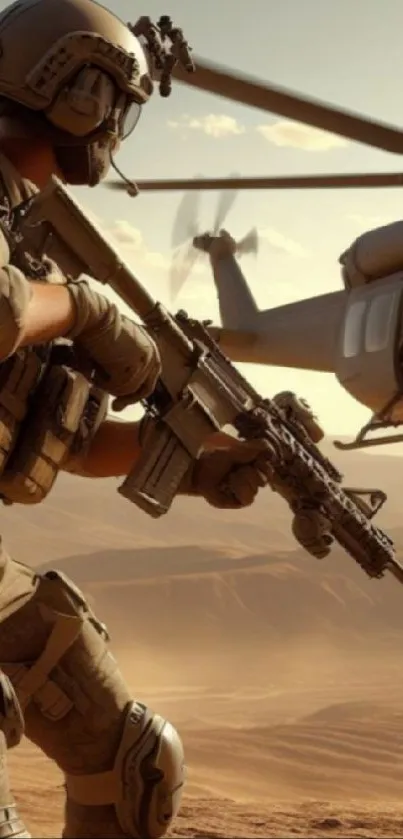 Soldiers and helicopter soaring over desert in action-packed scene.