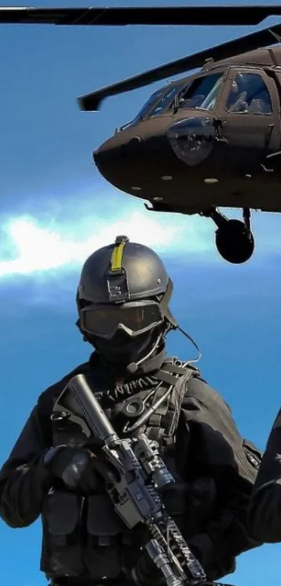 Soldier in combat gear with helicopter in flight