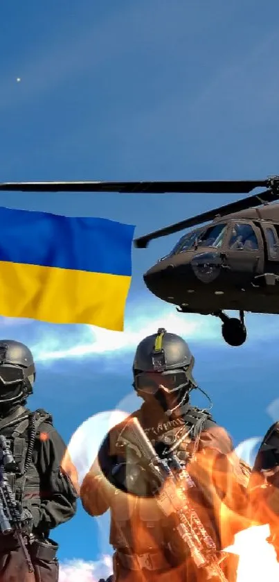 Soldiers and helicopter with flag in clear sky