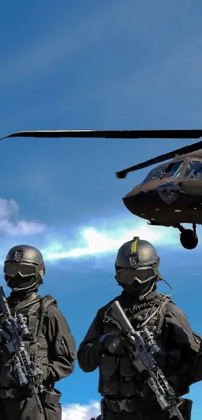 Four soldiers in combat gear with a helicopter, set against a blue sky.