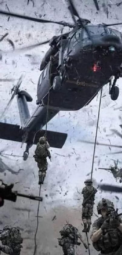 Military helicopter operation with soldiers descending on ropes.